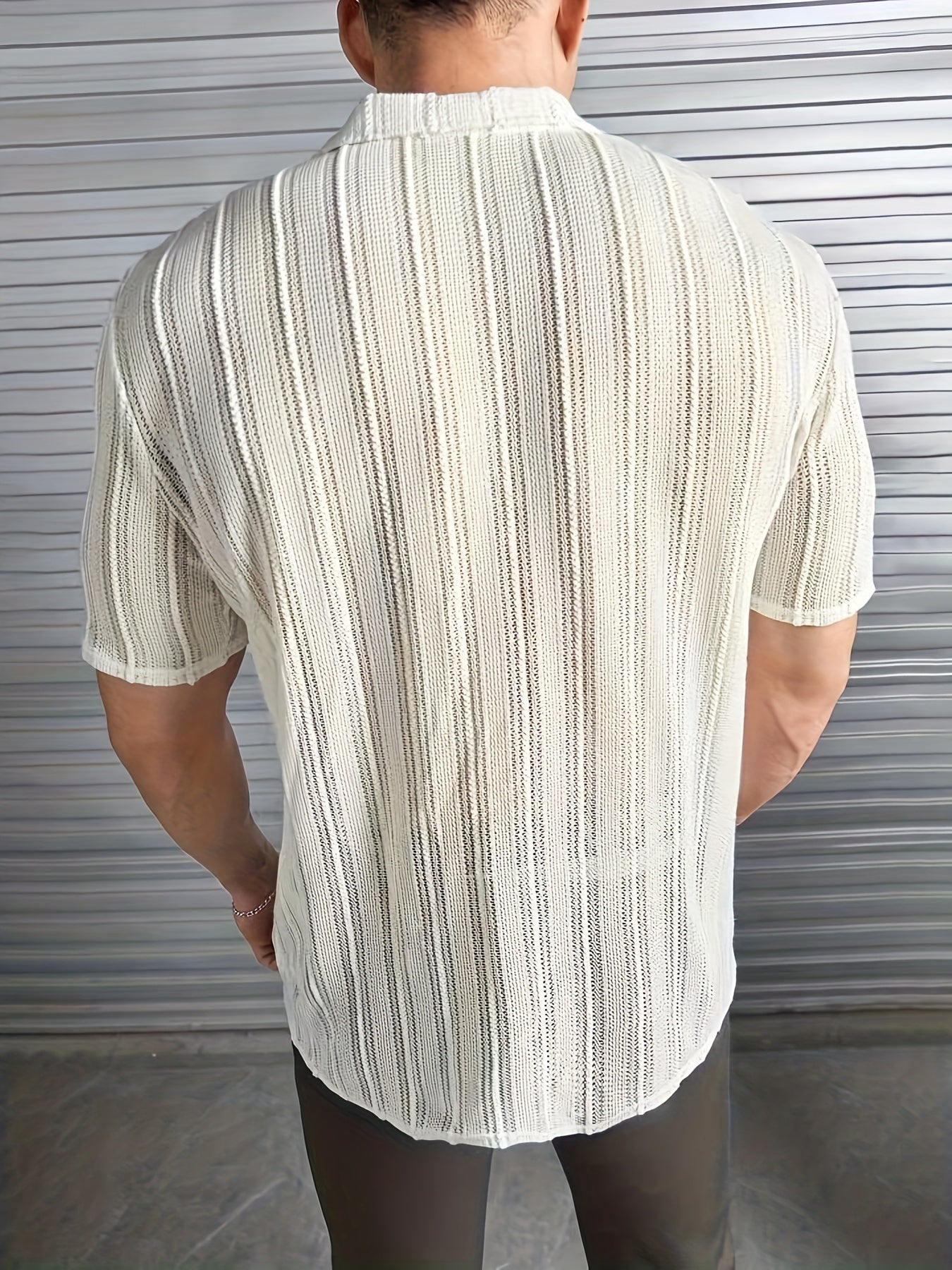 Elara – Men's Shirt with Woven Stripes and Open Collar for Casual Elegance-5