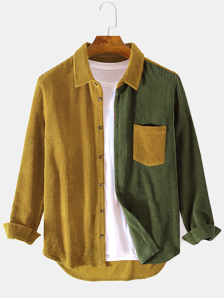 Variant image for Elara – Men’s Corduroy Patchwork Shirt with Unique Design and Regular Fit-6