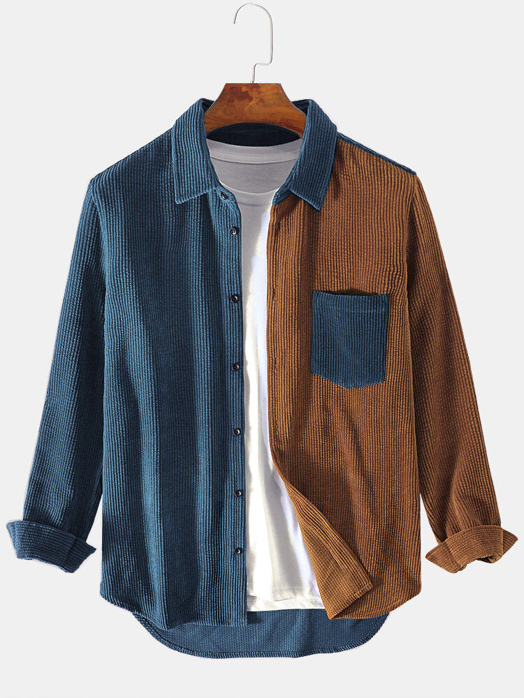 Variant image for Elara – Men’s Corduroy Patchwork Shirt with Unique Design and Regular Fit-1