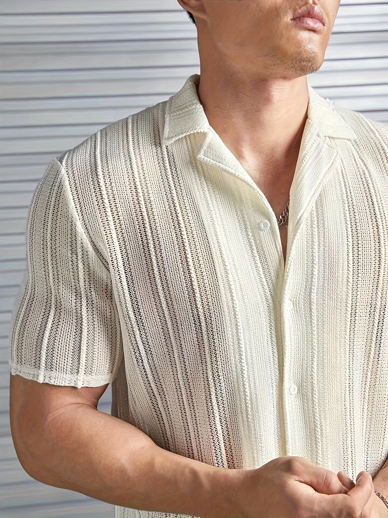 Elara – Men's Shirt with Woven Stripes and Open Collar for Casual Elegance-2