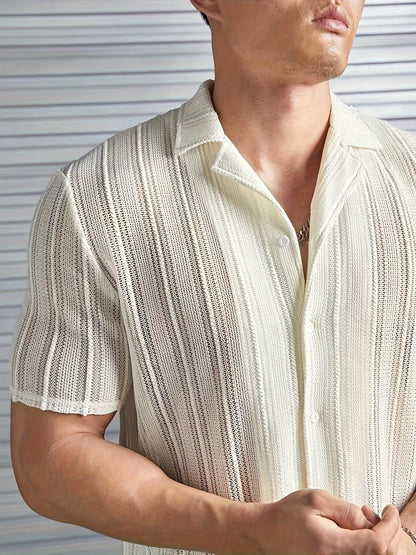 Elara – Men's Shirt with Woven Stripes and Open Collar for Casual Elegance-2