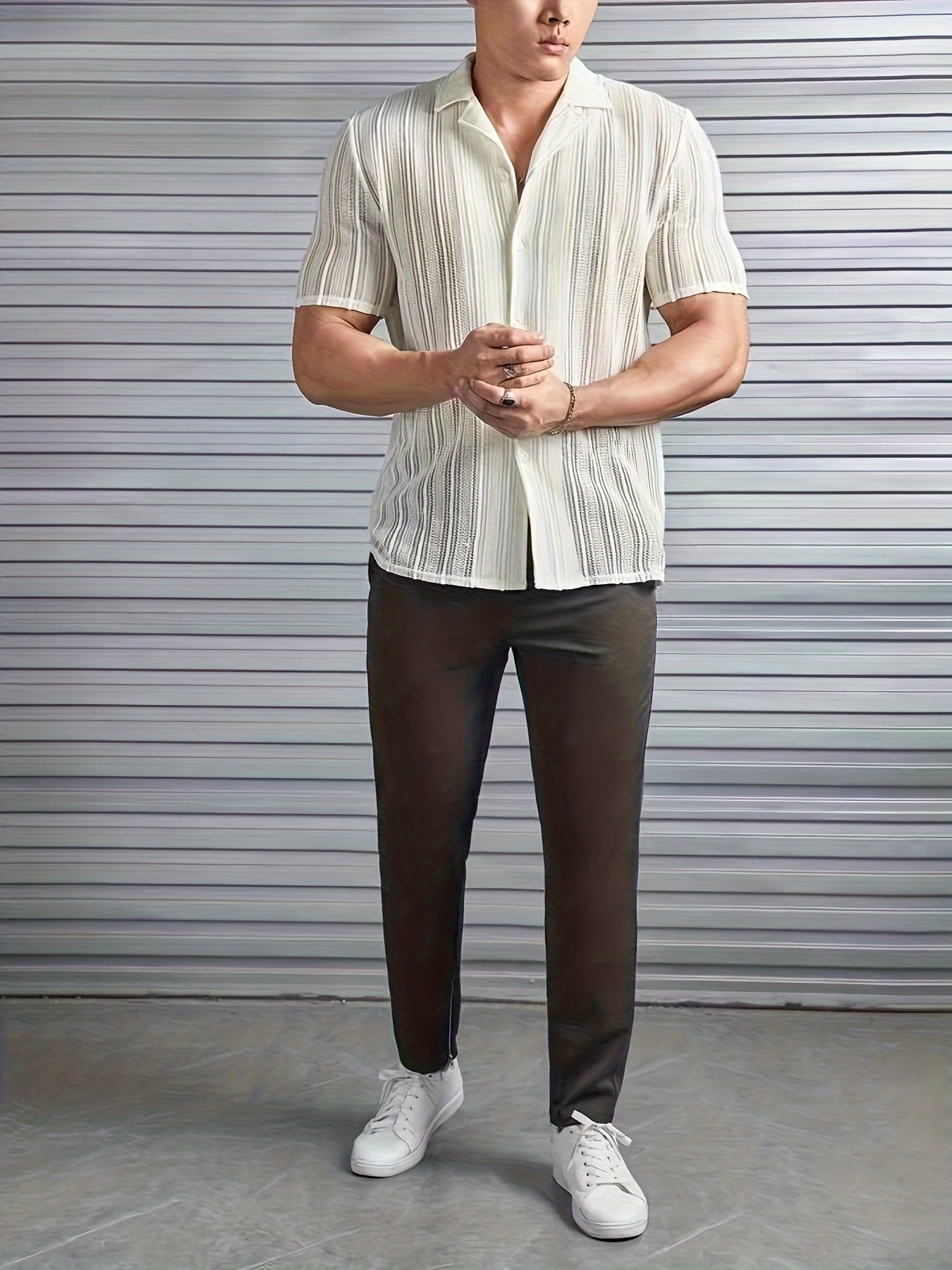 Elara – Men's Shirt with Woven Stripes and Open Collar for Casual Elegance-3